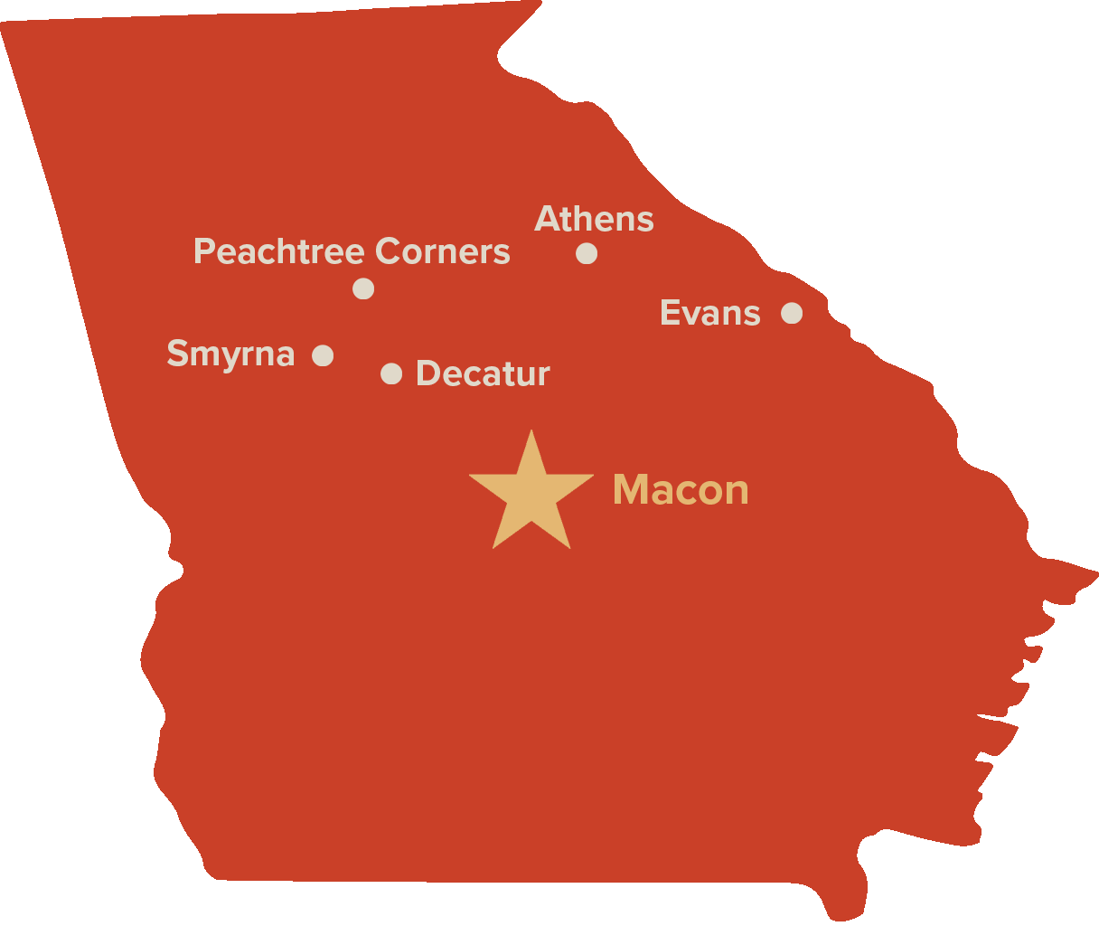 <p>Georgia state outline with pins where Fine Fettle locations will be</p>
