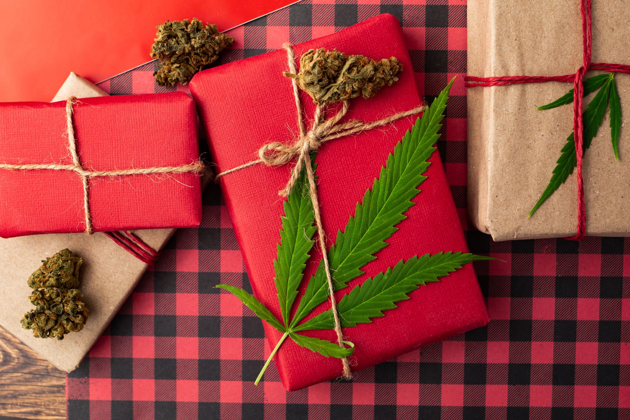 Christmas presents with cannabis buds and leaf