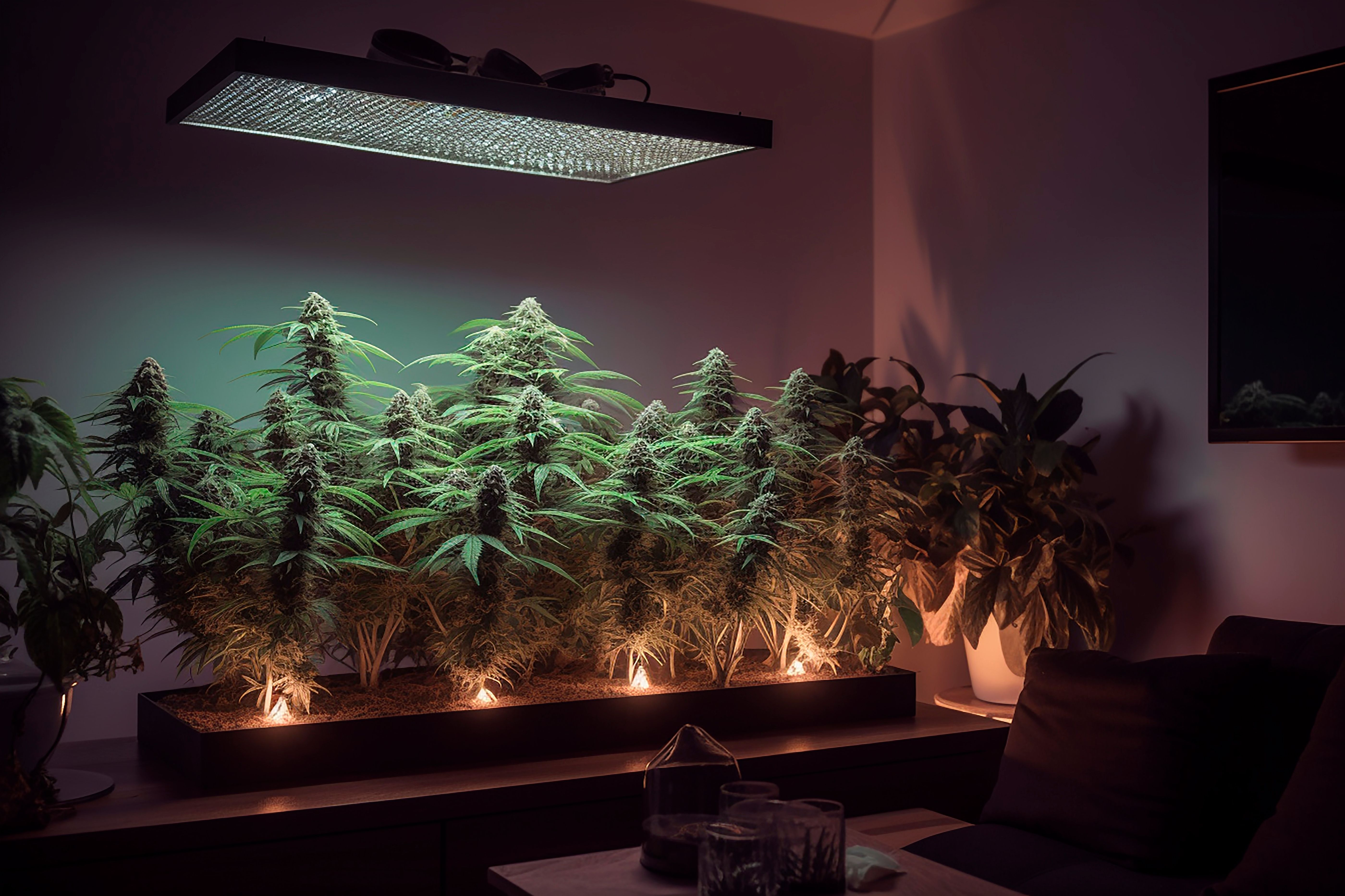 Indoor cannabis grow space with cannabis plants growing on a table under a light