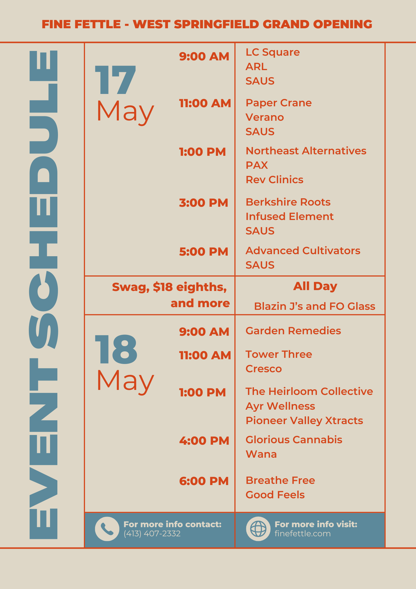 Vendor schedule for West Springfield Grand Opening Weekend