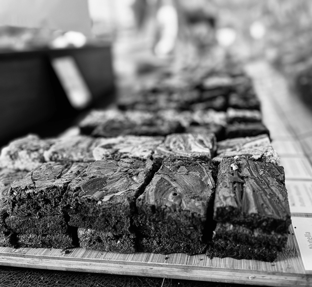 Close up of brownies in black and white