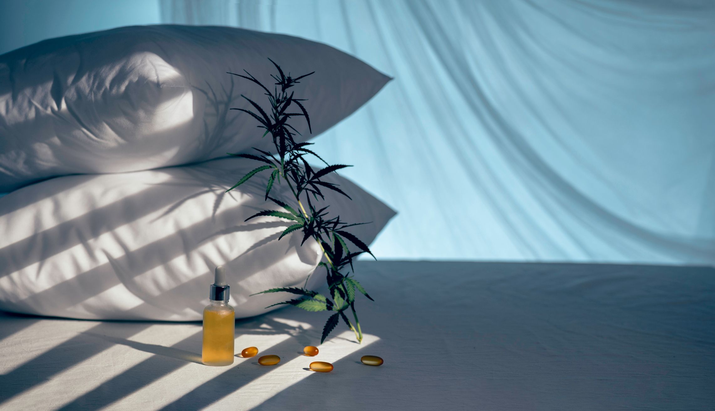Pillows with cannabis oil, capsules, and a cannabis branch