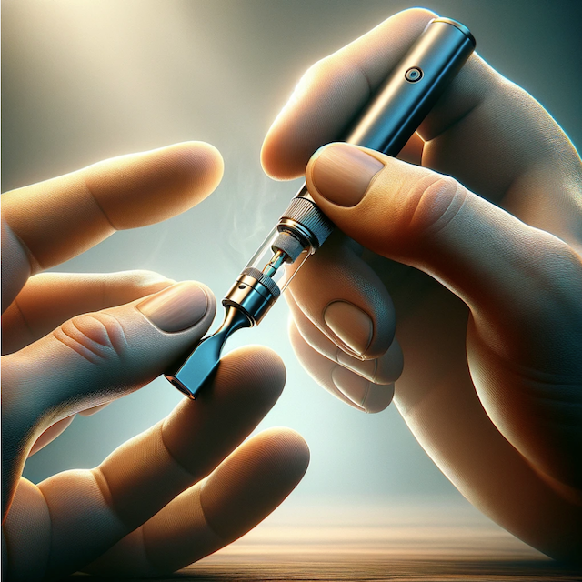 Close up of hands connecting a vape cartridge to a battery
