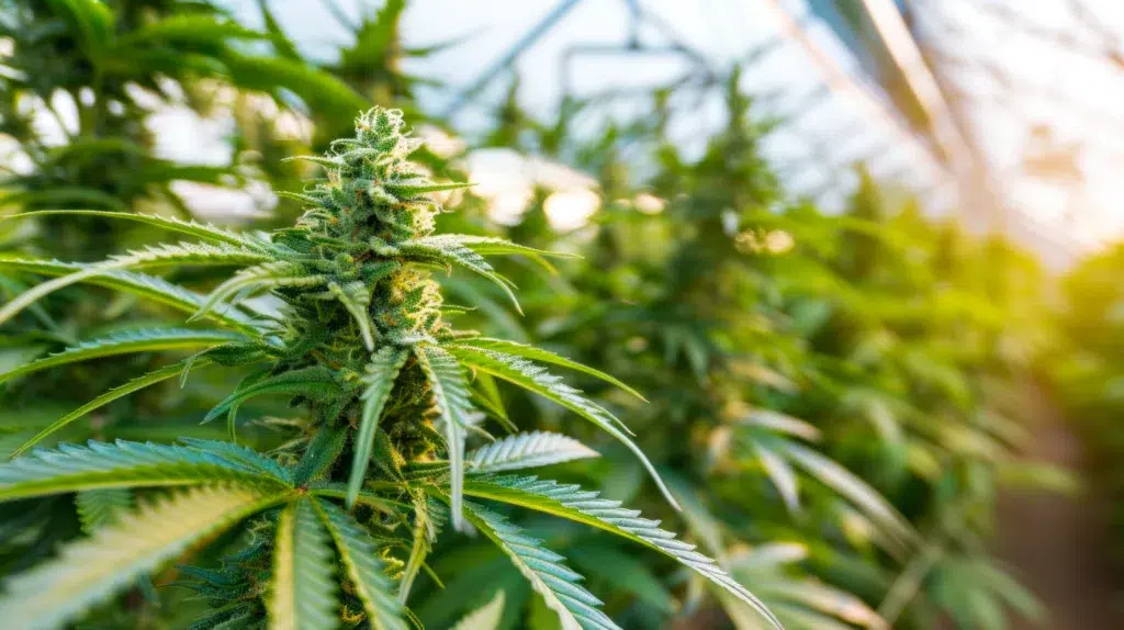 Close-up of a cannabis plant with dense green buds and leaves in a greenhouse, sunlight streaming in from the background.