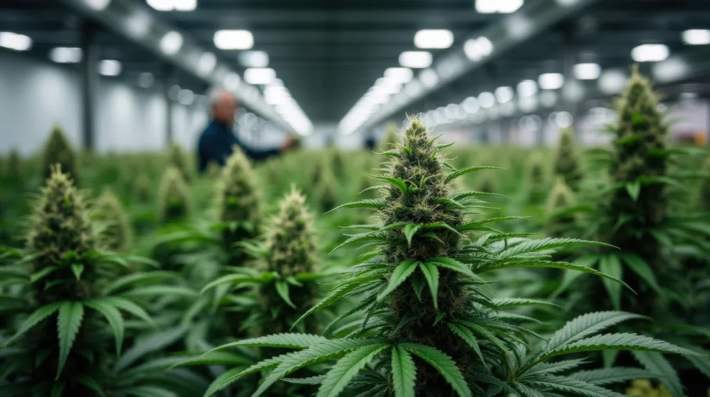 A close-up of a cannabis plant in a large indoor grow facility, with rows of similar plants and blurred people in the background.