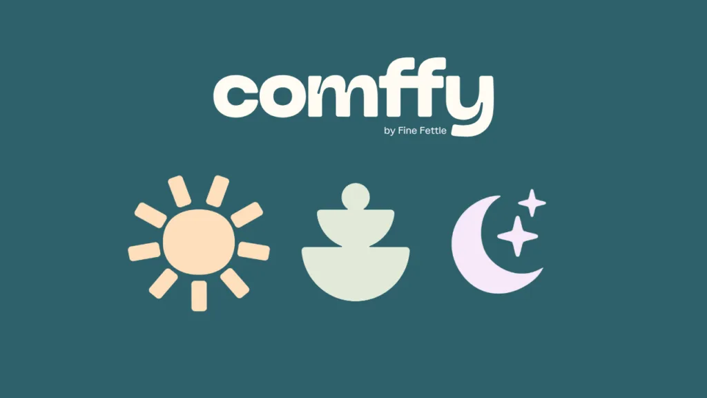 Logo for comffy by Fine Fettle with icons of a sun, a fountain, and a crescent moon with stars on a teal background.