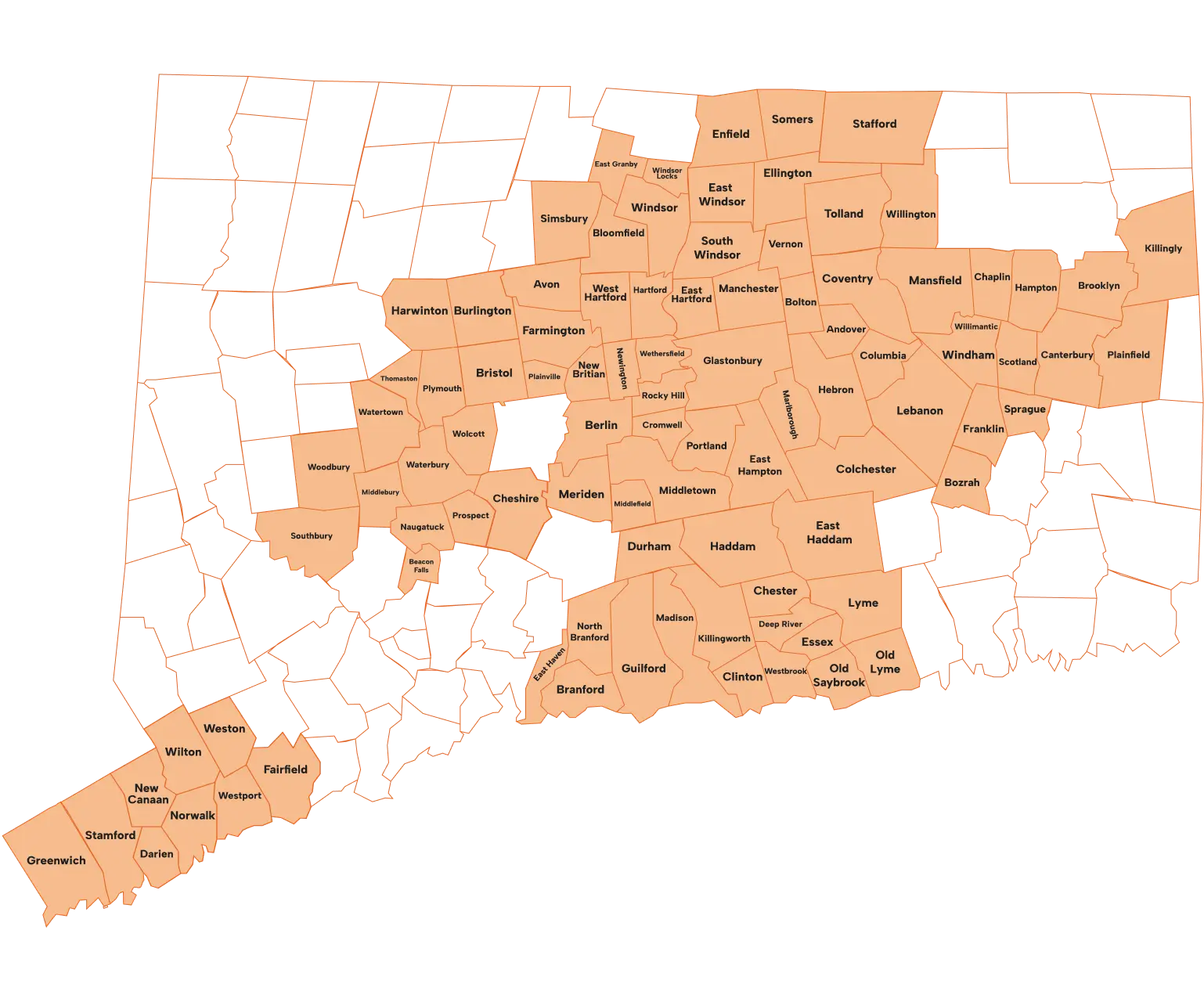 Map of Connecticut showing boundaries and names of all towns, each clearly labeled in black text on a peach background, including Bristol dispensary locations.