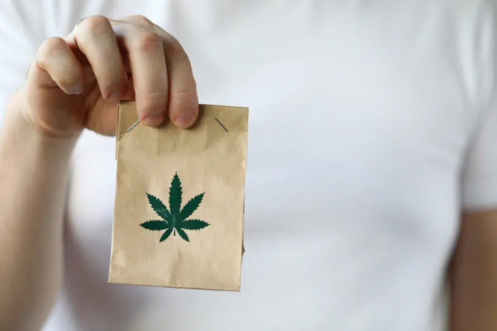 A person in a white shirt holds a small brown paper bag with a green cannabis leaf printed on the front.