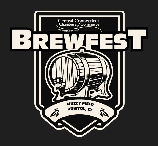 Logo for Brewfest featuring a beer barrel, Central Connecticut Chambers of Commerce, and event location: Muzzy Field, Bristol, CT.