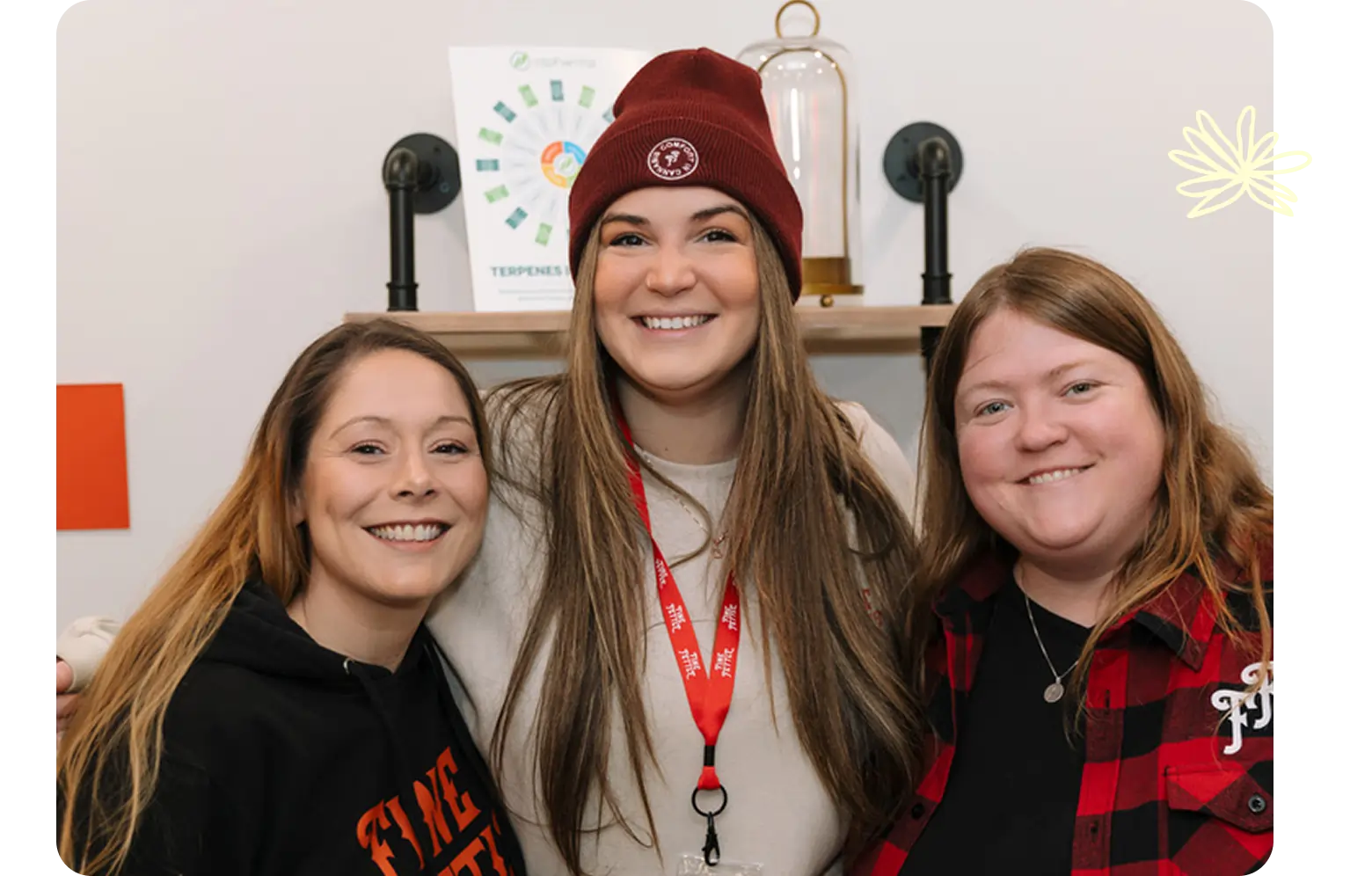 Three smiling women stand close together indoors at a cannabis dispensary. One wears a red beanie and lanyard, while the others wear black hoodies. Shelves and a colorful chart are visible behind them.
