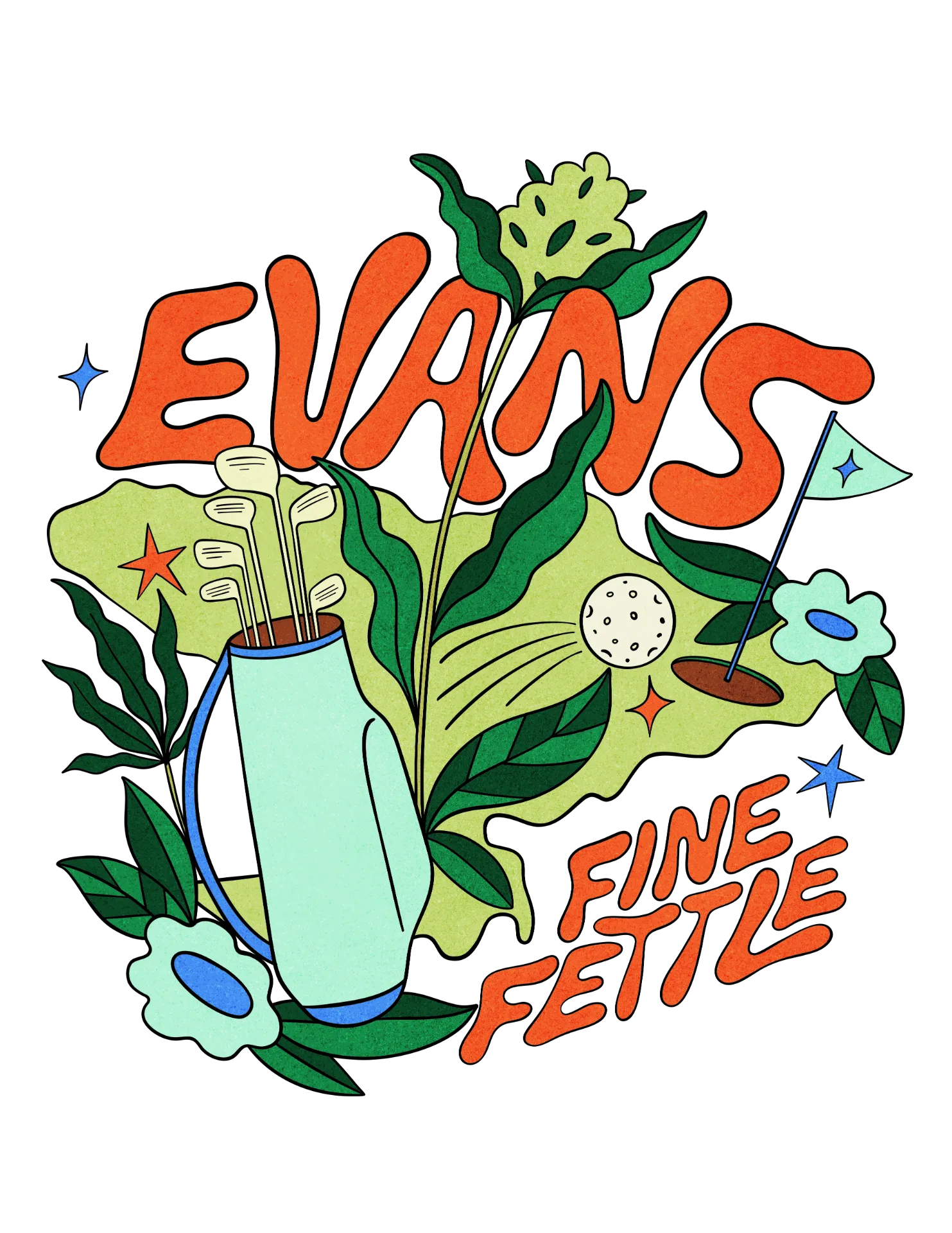 Illustration of golf clubs in a bag, golf ball, hole with flag, green leaves, and flowers. Large text reads EVANS and FINE FETTLE—your Georgia dispensary—in bold orange letters.