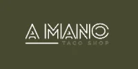 Logo for A Mano Taco Shop with stylized white text on an olive green background, representing a small business partnership agreement. A MANO is bold and underlined; TACO SHOP appears below.