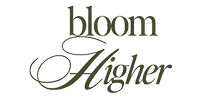 The image shows the words bloom higher in elegant, cursive gold and green lettering with a decorative flourish, symbolizing growth in a small business partnership agreement.