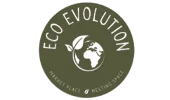 Round green logo with Eco Evolution text, a sprouting plant over a globe, highlighting Marketplace, Meeting Space, and small business partnership agreement at the bottom.