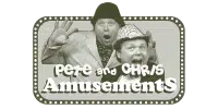 Two men in playful poses wearing hats and suits, highlighting Pete and Chris Amusements—a small business partnership agreement shining in bold letters and marquee lights.