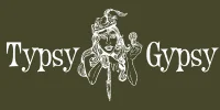White line art of a smiling woman with a hat and scarf, holding up cards, suggests the magic of a small business partnership agreement between the words Typsy Gypsy on dark olive.