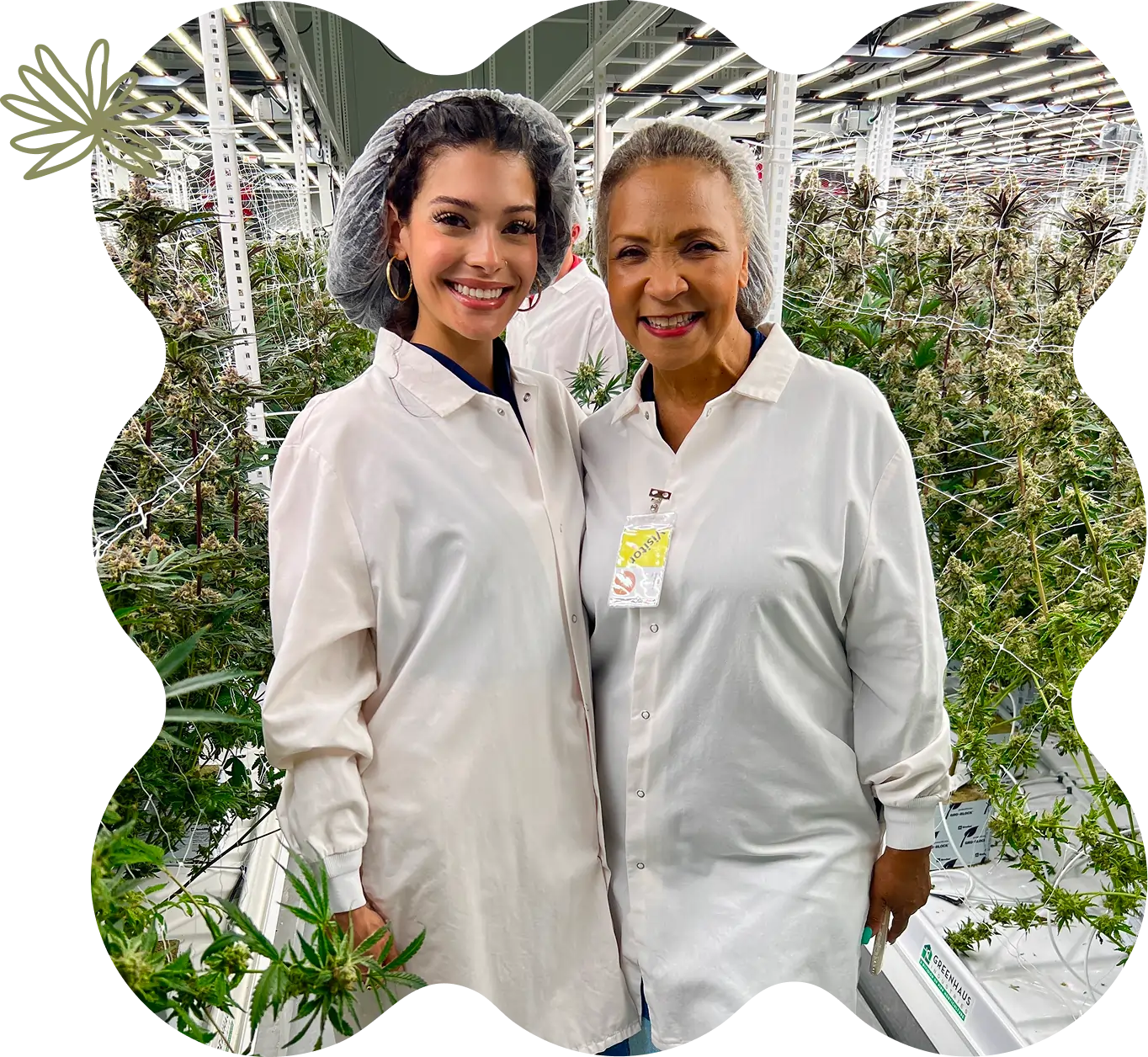 Two women in white lab coats and hair nets smile together inside a brightly lit indoor greenhouse at a Georgia dispensary, surrounded by thriving cannabis plants.