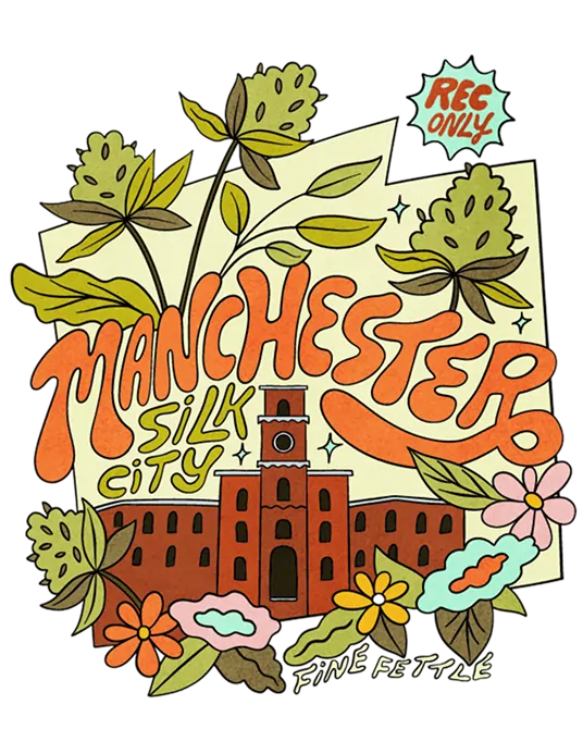 Illustration of a red brick building with colorful flowers, leaves, and bold Manchester Silk City lettering, featuring REC ONLY, FINE FETTLE, and manchester ct dispensary in the design.