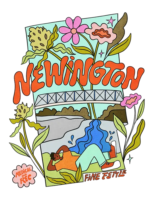 Colorful illustration of a person relaxing on grass with NEWINGTON in large letters, flowers around, a bridge, and newington dispensary featured in the corners.
