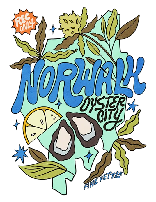 Illustration of oysters, lemon slices, seaweed, and stars over a map with bold “Norwalk Oyster City” text and a nod to Norwalk dispensary in the corner with a small REC ONLY sign.