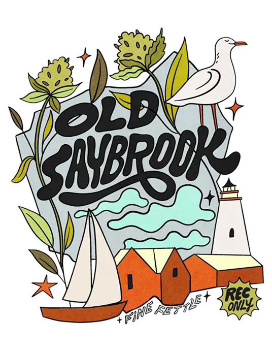 Illustration with Old Saybrook text, a sailboat, cottages, lighthouse, seagull, greenery, REC ONLY in the corner. Coastal and nature-themed—perfect for an Old Saybrook dispensary vibe.