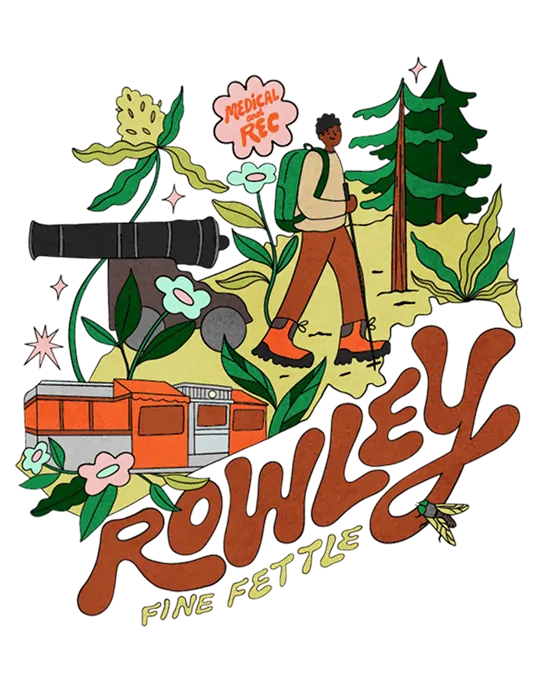A person hikes with a backpack near trees and plants, next to a building labeled Rowley Fine Fettle and Medical Rec, capturing the vibrant spirit of a Rowley dispensary in an illustrated style.