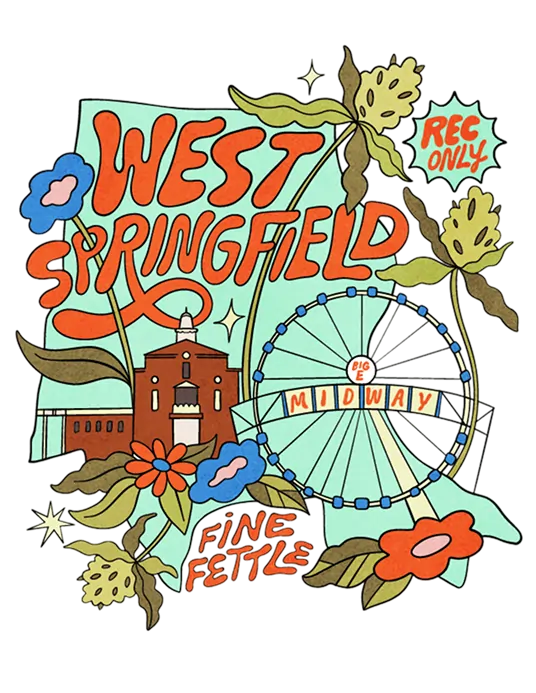 Colorful illustration with West Springfield in bold letters, a Ferris wheel labeled The Big Midway, flowers, a building, and text: Rec Only and Fine Fettle west springfield dispensary.