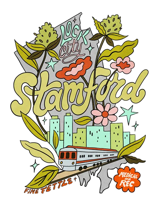 Colorful illustration with “Lock City Stamford,” large plants, city buildings, a train, and clouds. A small sign at the bottom reads “Medical Rec” and stamford dispensary “Fine Fettle.”.