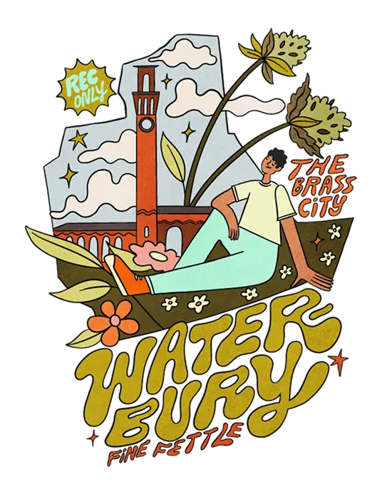 Illustration of a person relaxing by a clock tower, flowers, and clouds with the text Waterbury Dispensary, The Brass City, Fine Fettle, Rec Only.