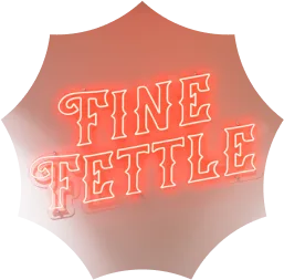 Neon sign displaying the words FINE FETTLE in bold, vintage-style red lettering against a light background, evoking the charm of an old Athens dispensary.