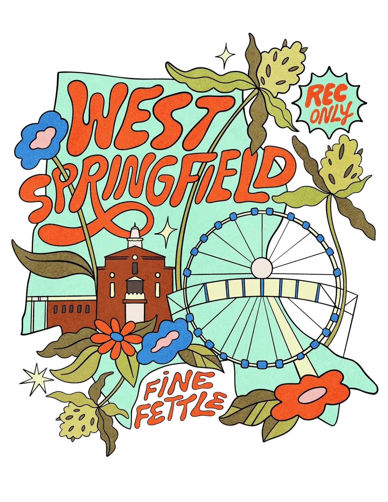 Colorful illustration with West Springfield in bold letters, flowers, a Ferris wheel, a building, and west springfield dispensary on a light blue background.