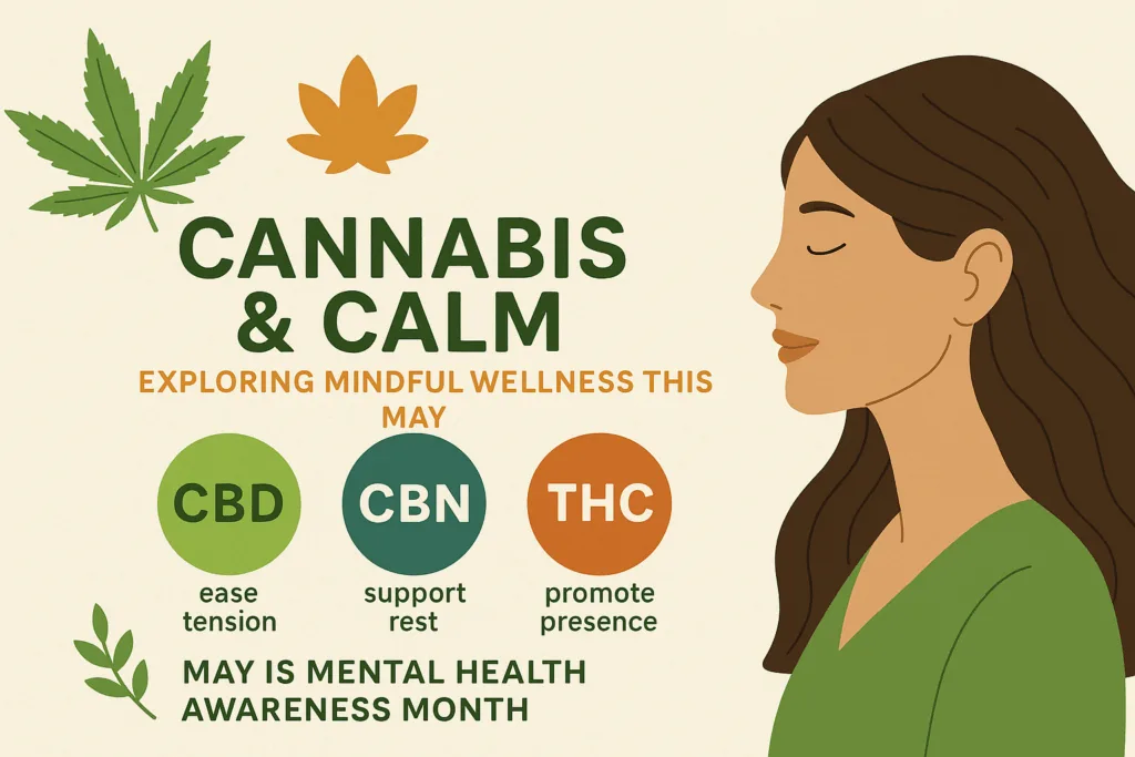 Illustration of a calm woman, cannabis leaves, and text explaining CBD, CBN, and THC benefits. Highlights mindful wellness and Mental Health Awareness Month in May.