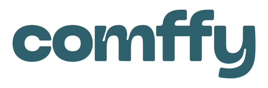 The word comffy written in bold, rounded, lowercase teal letters on a white background.