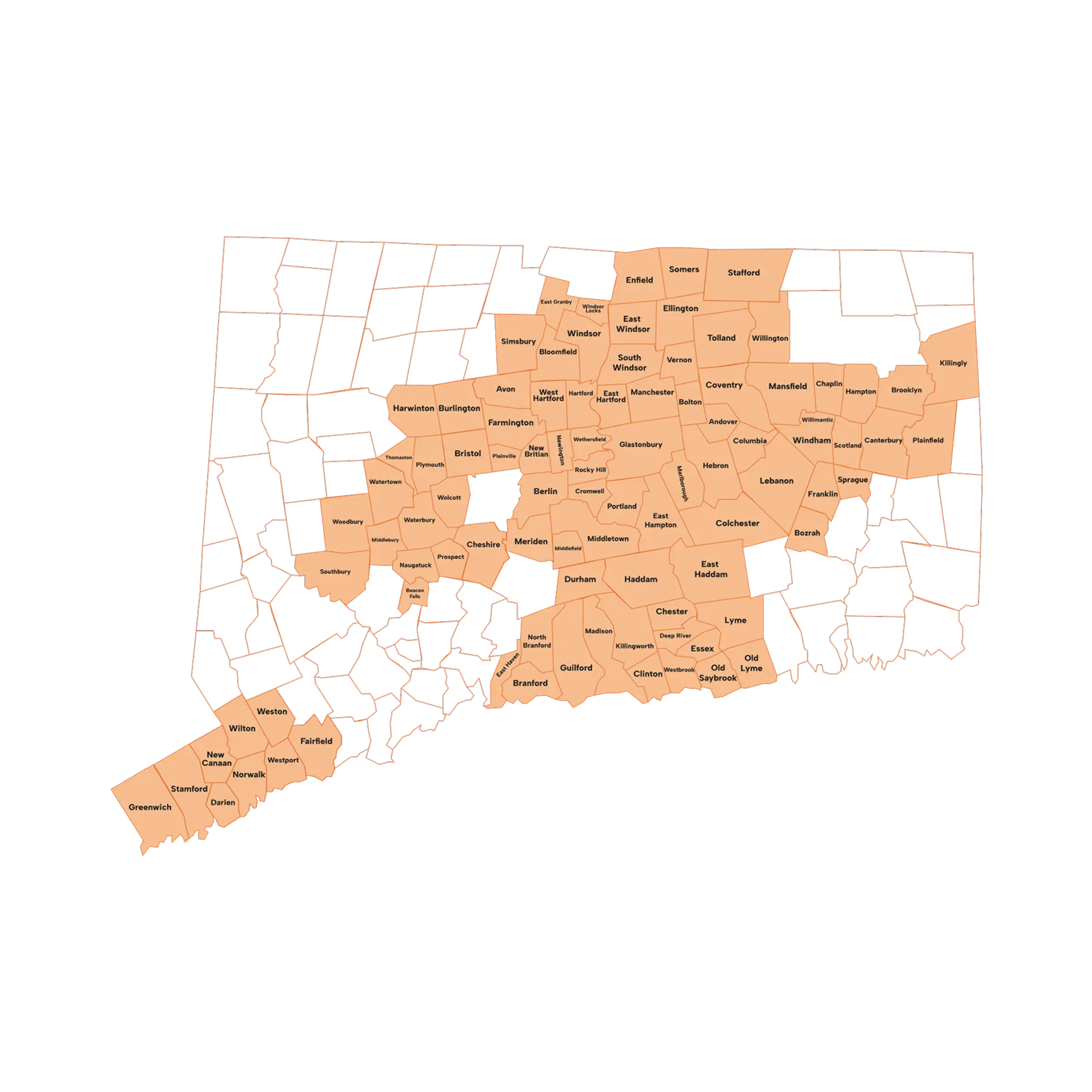 A map of Connecticut showing county boundaries and the names of cities and towns, with cannabis delivery areas shaded in peach.