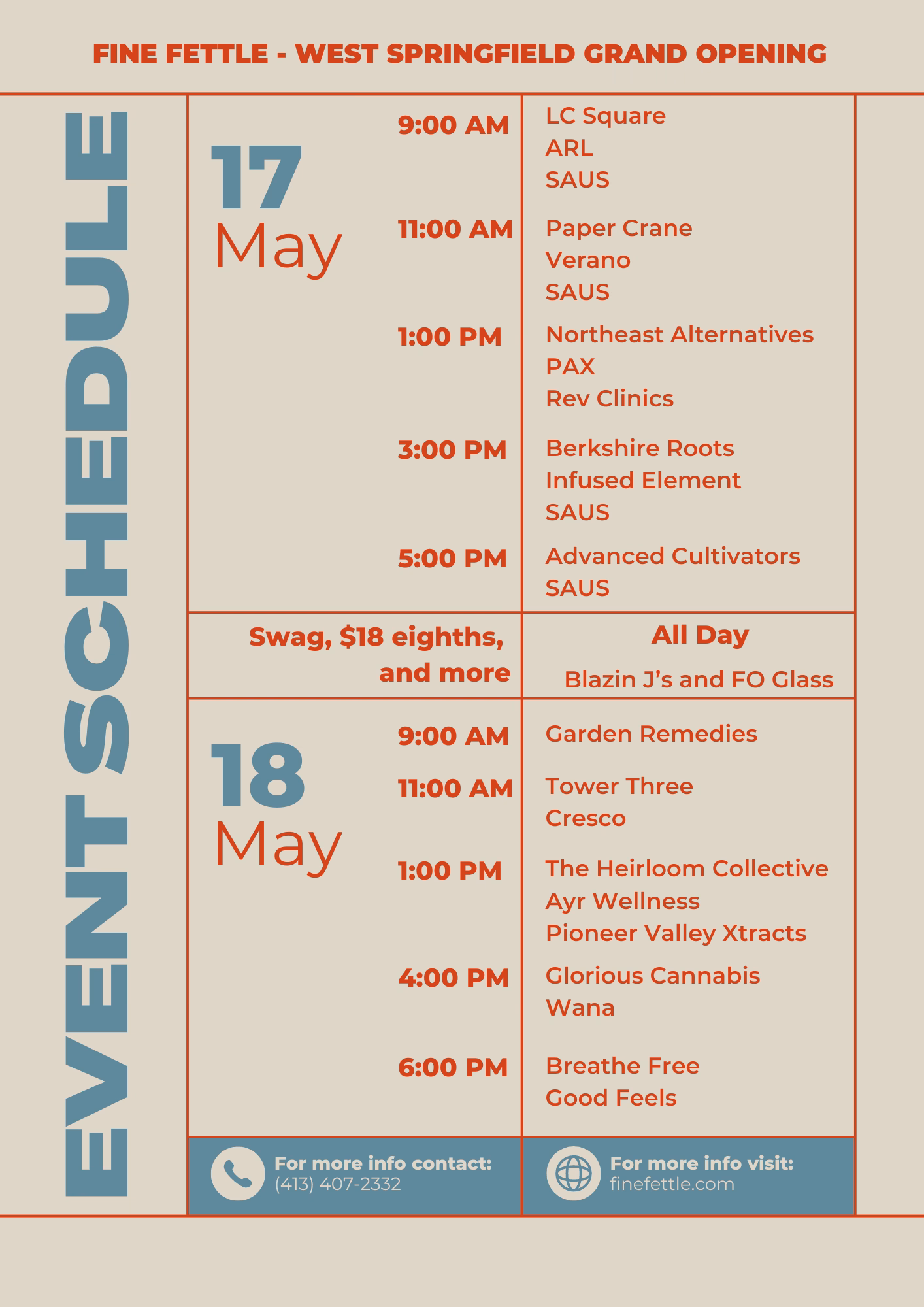 Vendor schedule for West Springfield Grand Opening Weekend