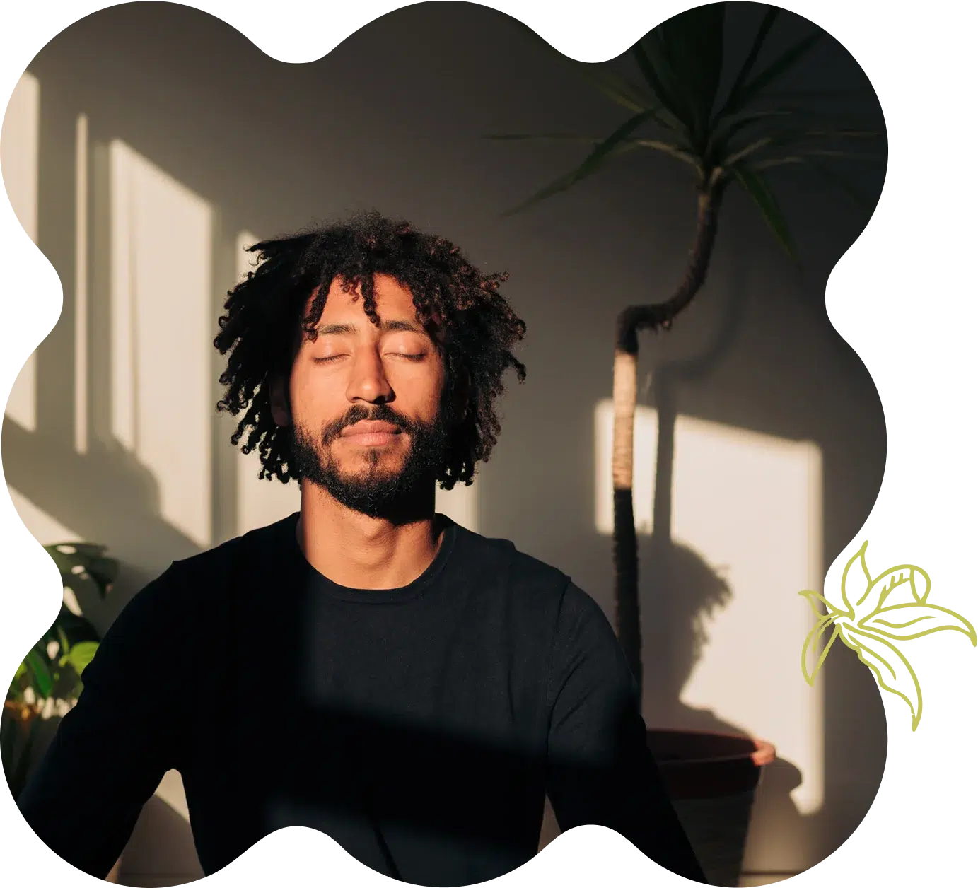 A man with curly hair and a beard sits peacefully in sunlight, next to a potted plant, evoking calm similar to using medical marijuana in CT, with artistic shapes framing the photo.