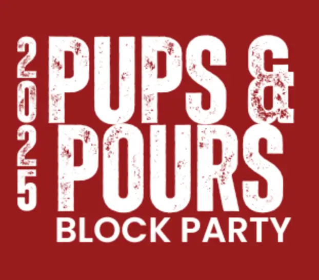 White bold text on a red background reads, 2025 Pups & Pours Block Party.