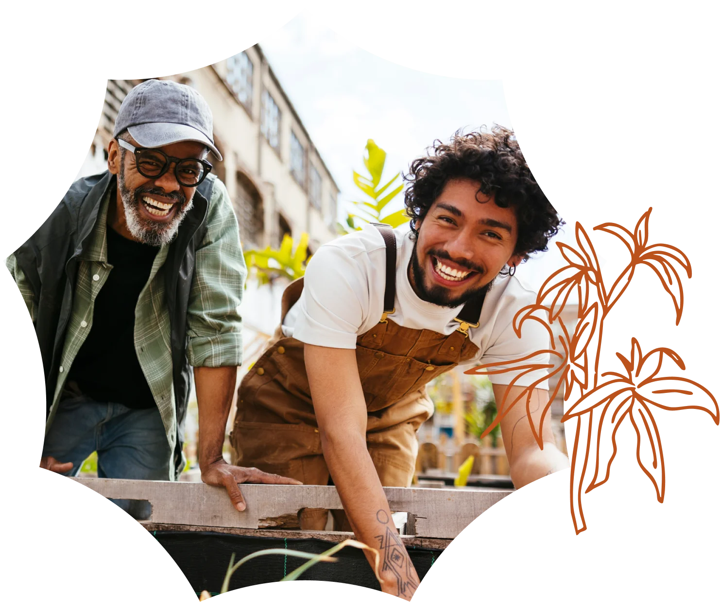 Two people smiling and gardening together outdoors, surrounded by green plants on a sunny day near a cannabis dispensary.