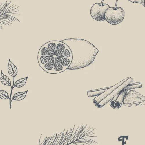 Hand-drawn pattern featuring a lemon slice, two cherries, cinnamon sticks with powder, leafy branches, and pine needles on a light background.