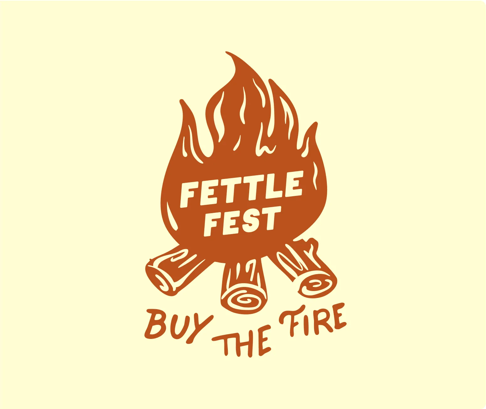 A stylized campfire with the words Fettle Fest inside the flames and Buy the Fire below, on a light background.