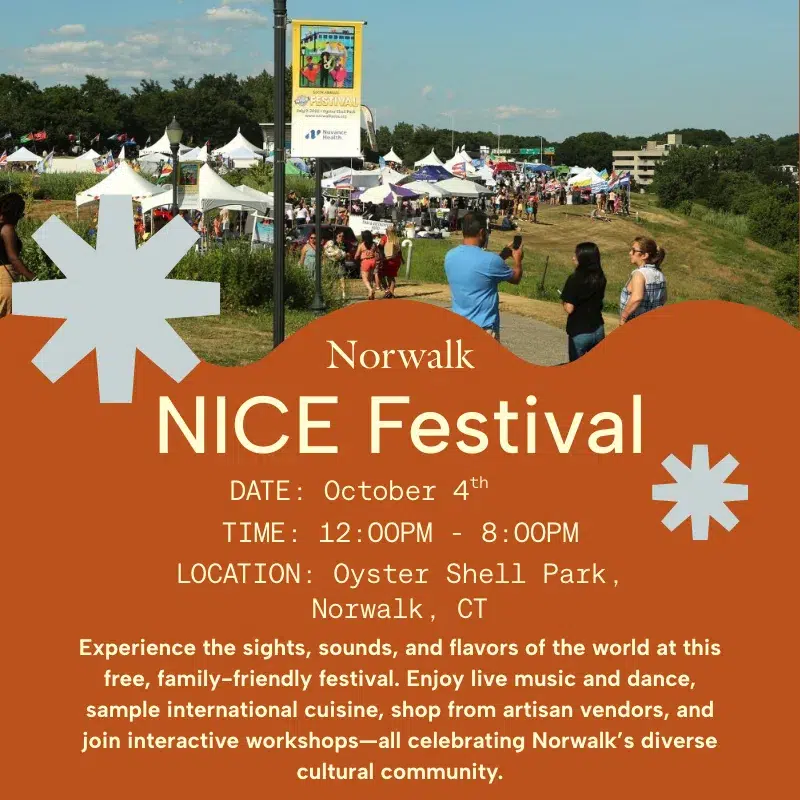 People walk by tents at a bustling outdoor festival in a park under a blue sky. Text promotes the Norwalk NICE Festival with event details and description at the bottom.