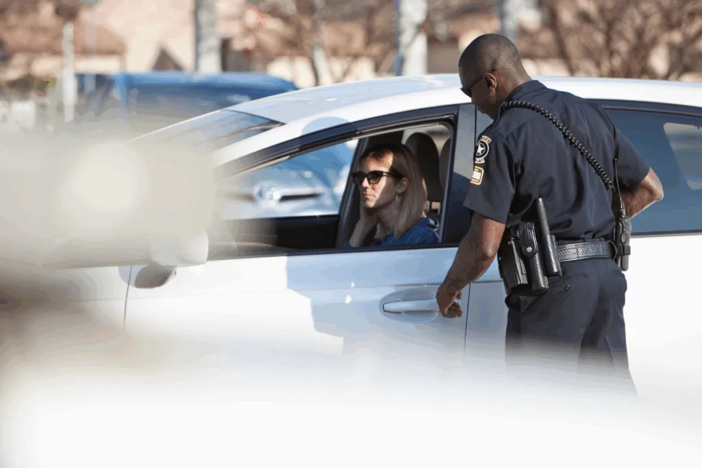 A police officer pulls over a woman in a white car during the daytime.
