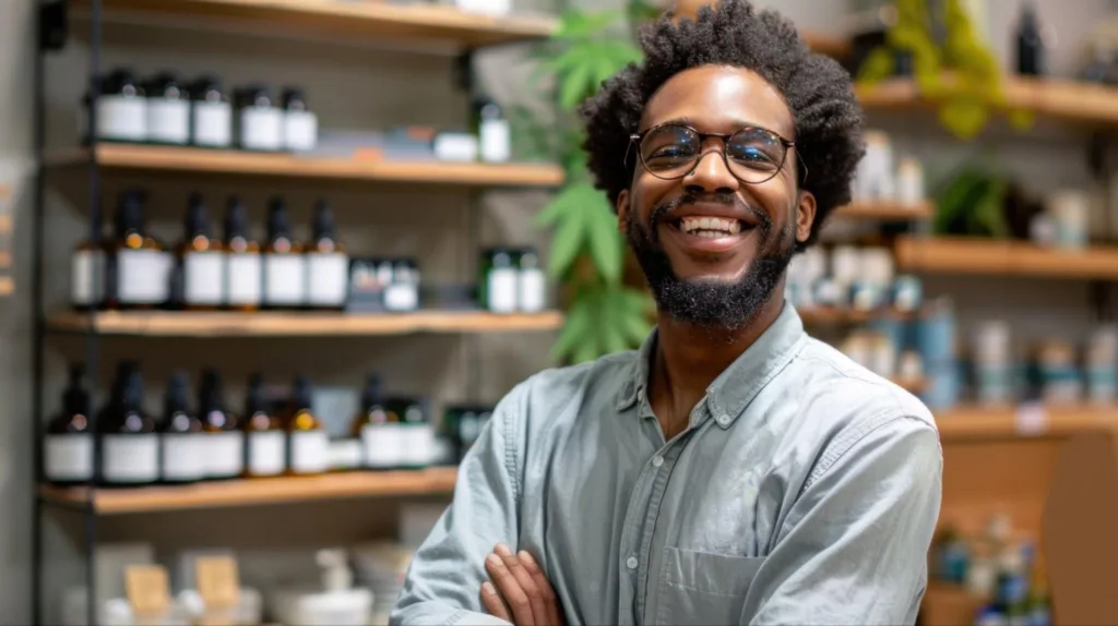 Man smiling in front of cannabis products. 