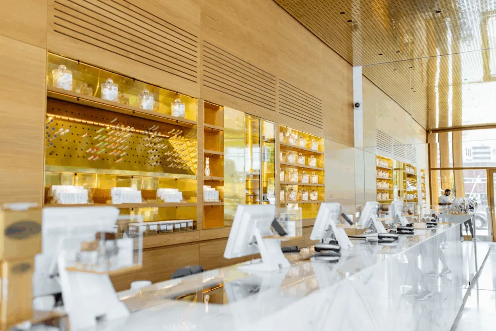 A modern, brightly lit cafe with marble counters, wooden walls, and shelves displaying jars and bottles. Touchscreen registers line the counter, and large windows let in natural light.