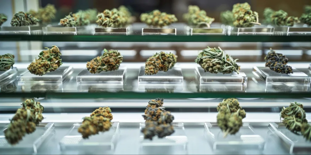 selection of cannabis buds on display.