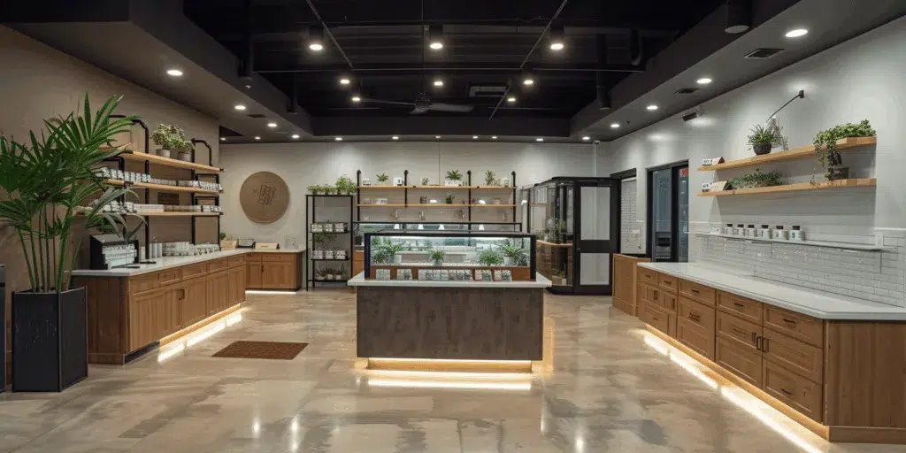 A modern, well-lit retail store with wooden shelves and counters, potted plants, and a central display case on a polished floor.