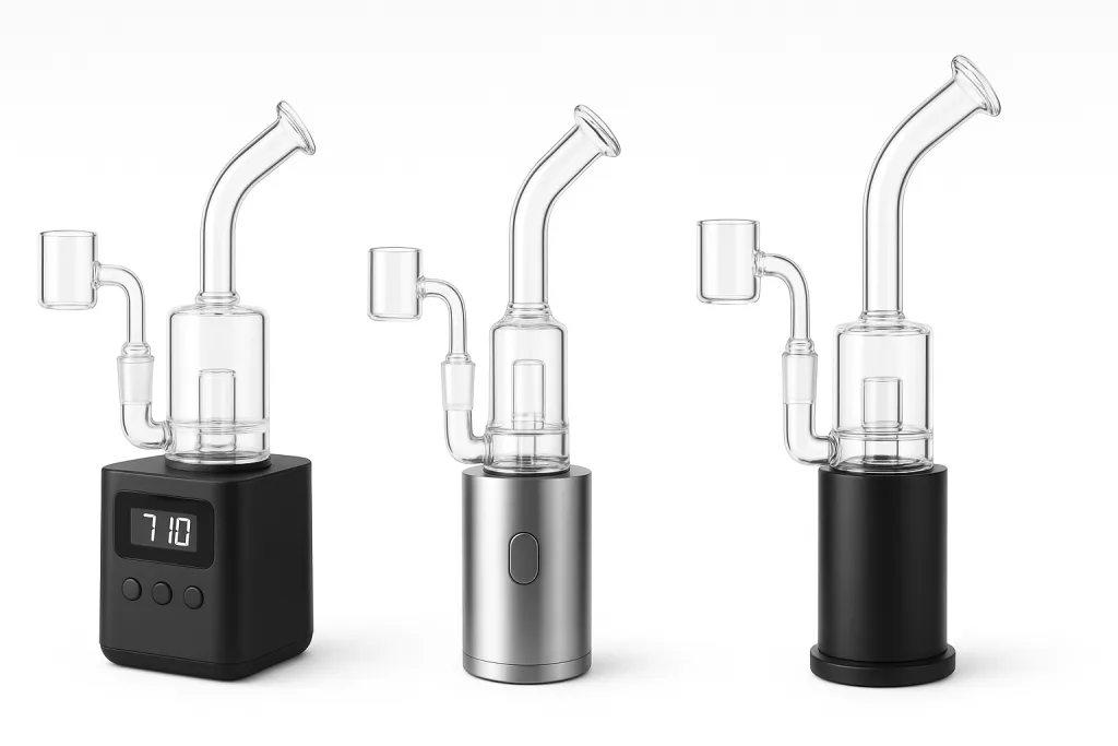 Three modern glass and metal electronic dab rigs