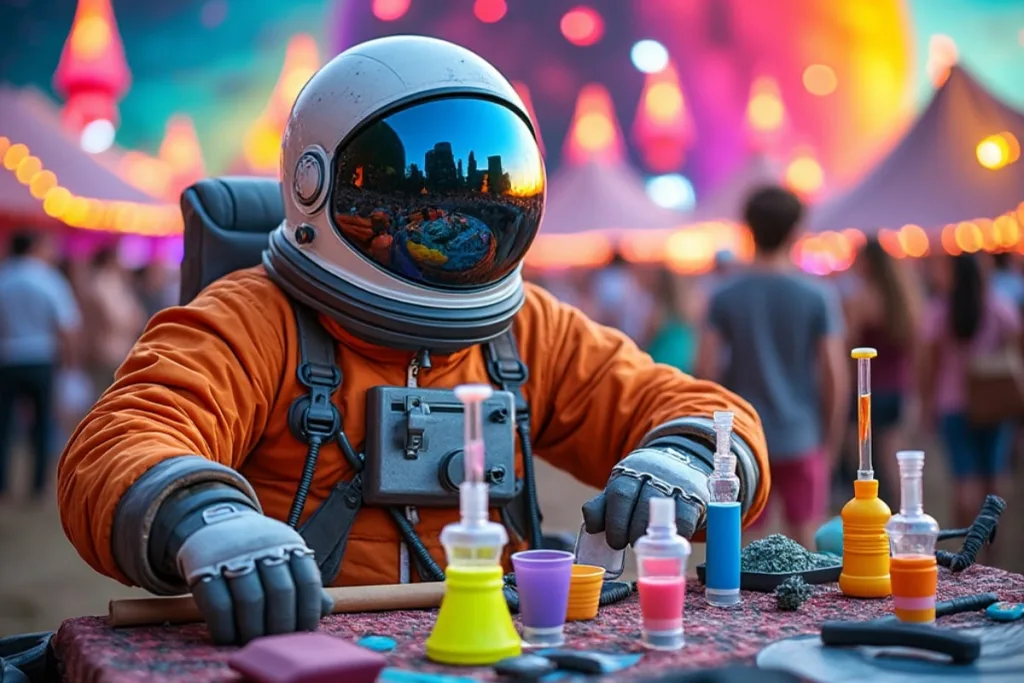 A person in an orange spacesuit sits at a table with dab rigs