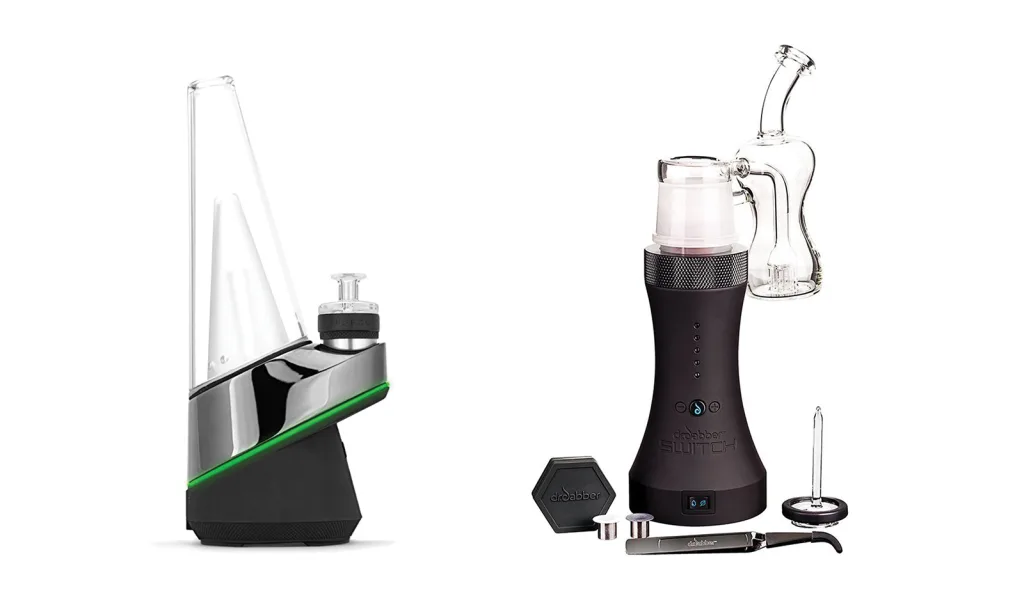 Two modern electronic dab rigs are shown side by side on a white background, with accessories placed near the rig on the right.