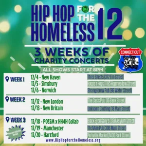 Infographic for Hip Hop for the Homeless 12 listing charity concert dates, locations, and venues in Connecticut, with show times at 8 PM over three weeks in December.